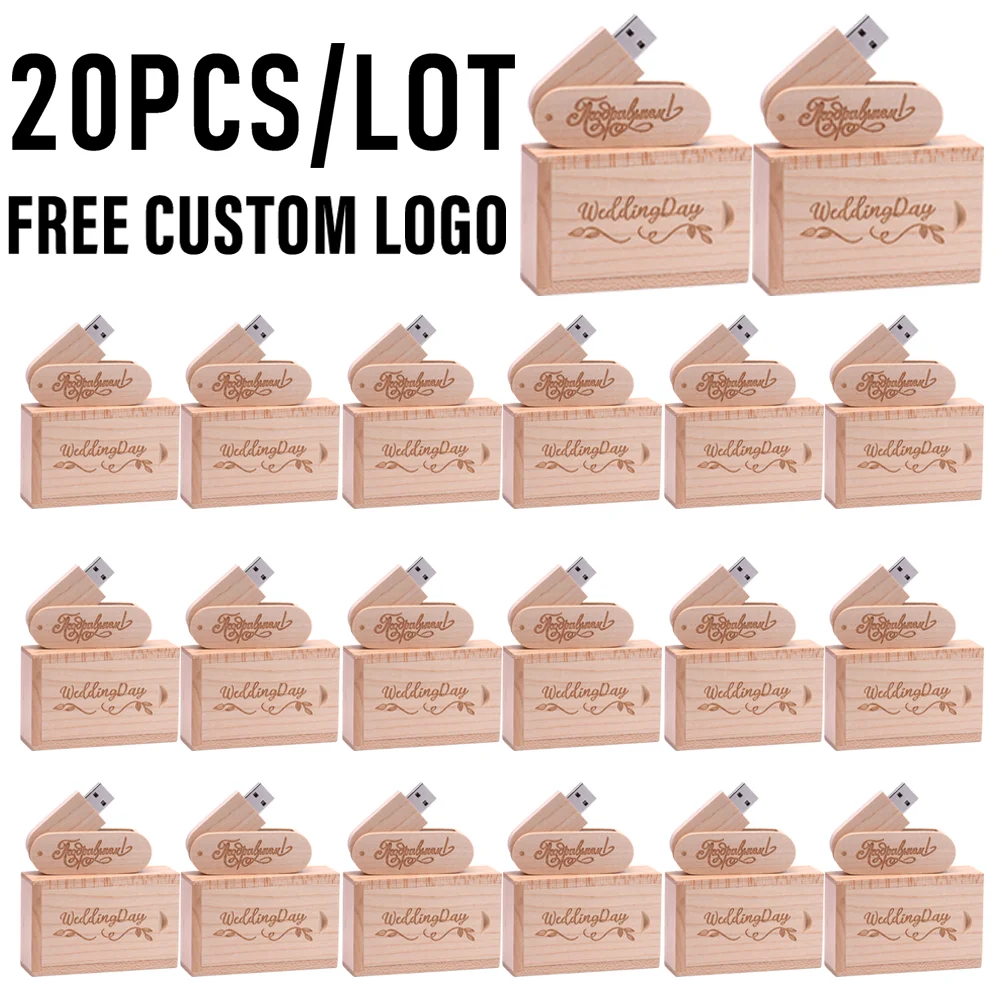 20PCS/LOT Wooden Rotatable USB 2.0 Flash Drives 128GB Free Custom Logo Pendrive 64GB Wedding Gift USB Stick 32GB 16GB 8GB U Disk