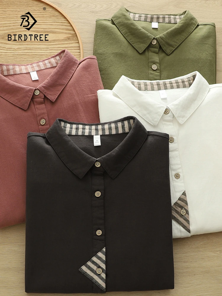 

Новинка 2025, осенняя хлопковая рубашка с длинными рукавами и начесом, женская рубашка с треугольными полосками и лацканами, модная повседневная свободная блузка Mori Girl T59922CC