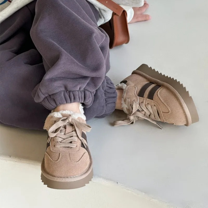 Kids frosted camel colored genuine leather boys' plus plush thick training board shoes girls' snow boots casual sports shoes