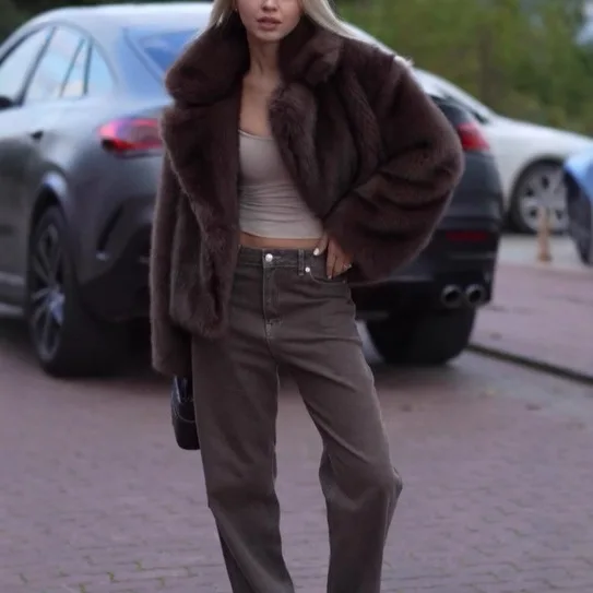 Thick Plush Fuzzy Short Coat Lapel Collar Long Sleeve Solid Color Warm Winter Casual Commute Daily Wear Fashion Outerwear Coats