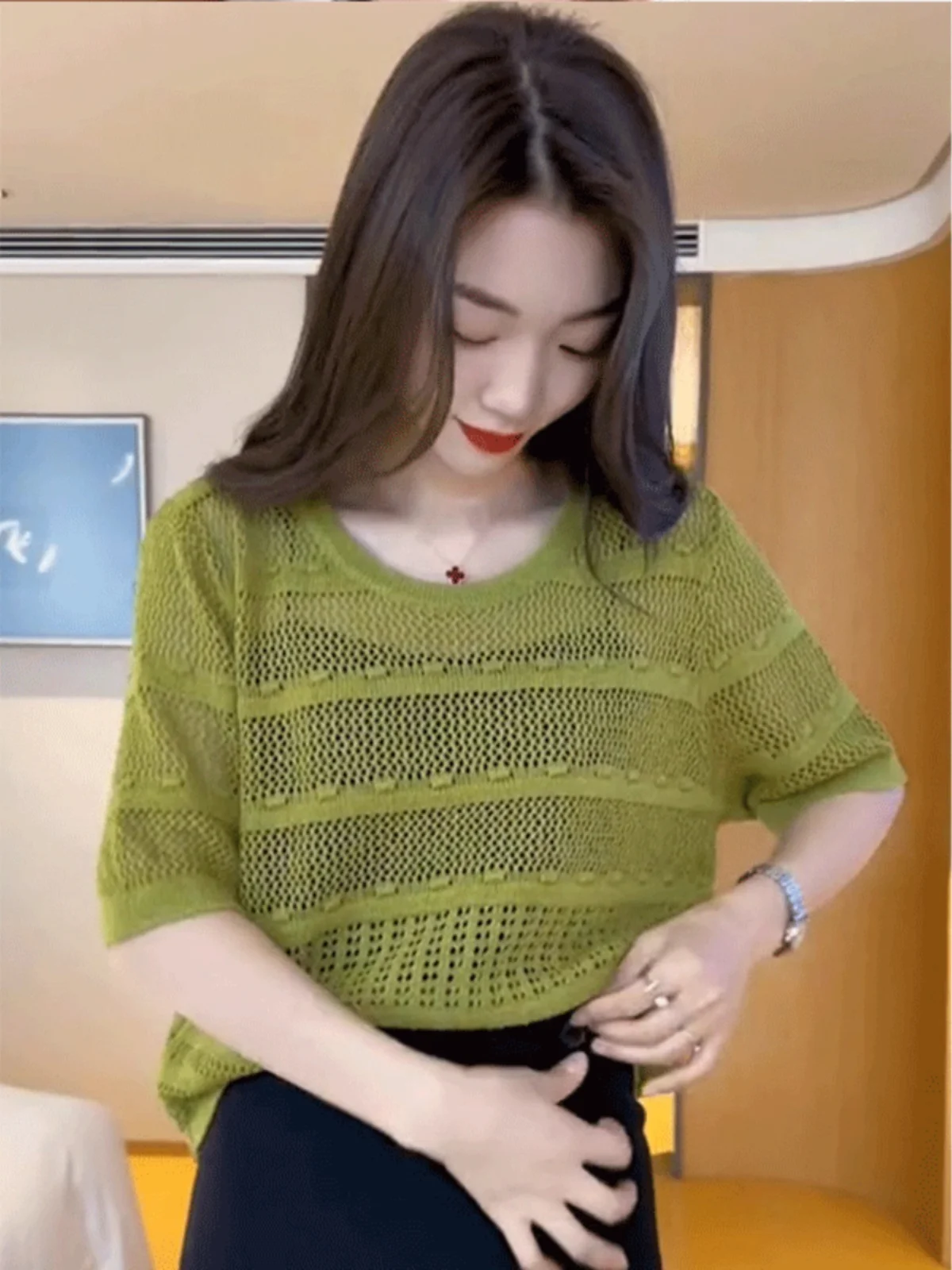 Ice Silk Hollow Knitted Short Sleeve T Shirt Women Summer Casual Fashionable Small Shirt Youthful Design Trendy Mesh Top