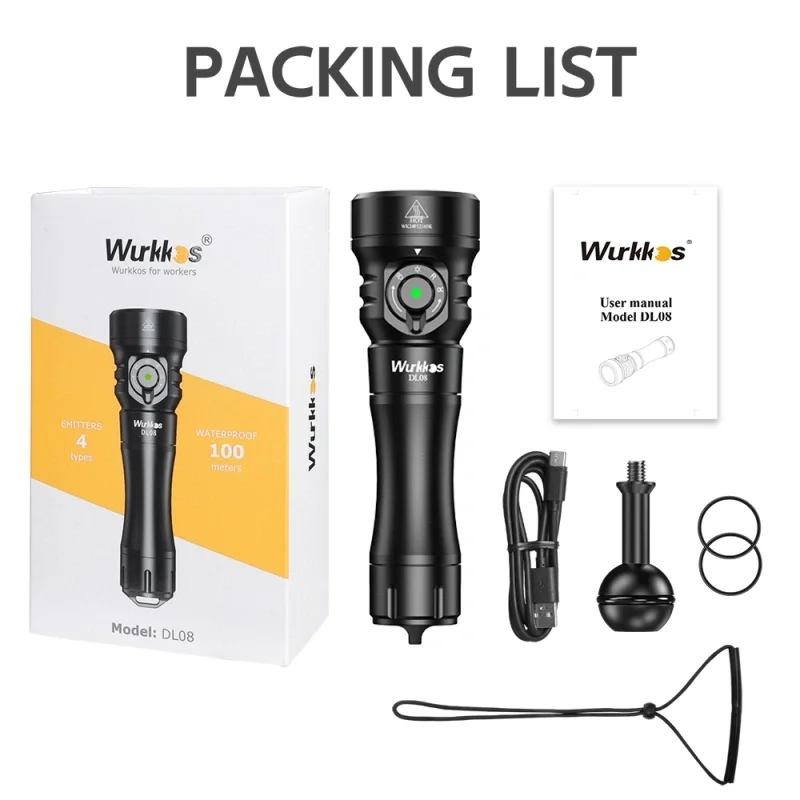 Wurkkos DL08 Tauchlampe, 3600 lm, wiederaufladbare Taschenlampe, 660 nm, rotes Licht, 365 nm UV-Taschenlampe, 21700 Unterwasserlaterne, Magnetschalter
