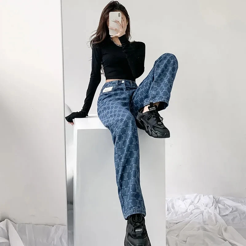 Jeans Wanita Jacquard Biru 2023 Celana Kaki Lebar Longgar Pinggang Tinggi Baru Cocok untuk Dipakai Musim Semi Musim Gugur yang Nyaman dan Modis