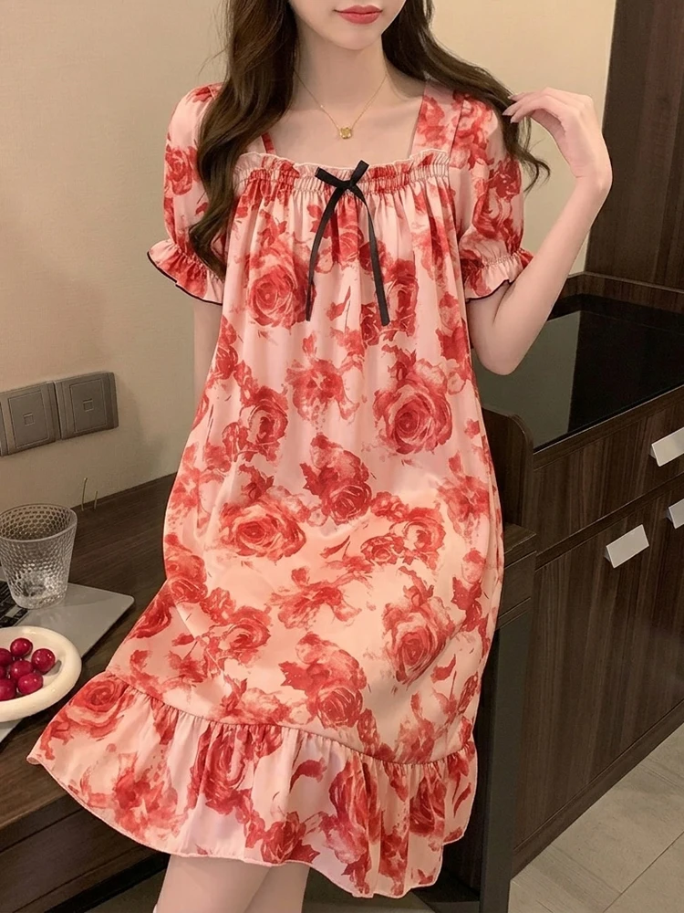 Women's Ice Silk Sleepwear with Chest Pad Rose Print Strap Home Clothes Summer Cool Feeling Outerwear Sweet Style Medium Length