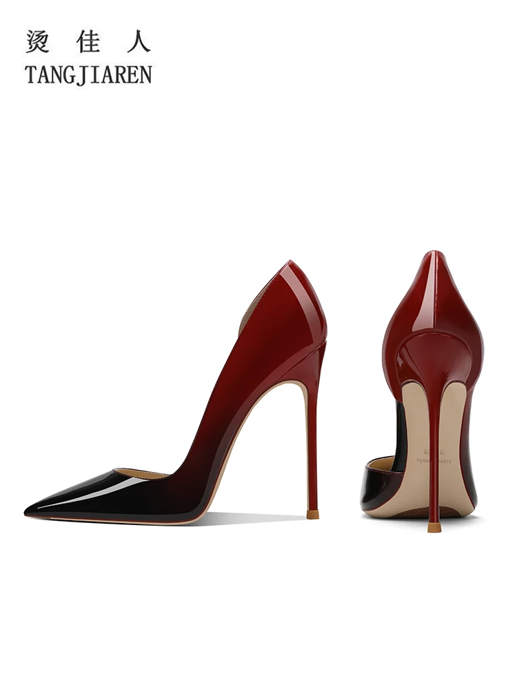 

Lacquer leather black and red gradient high heels, women's thin heels, new niche design, fashionable and sexy temperament