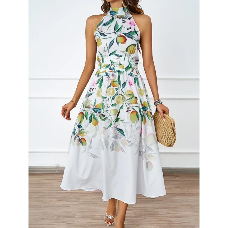 Новинка лета 2025 года, модное платье для похудения с висячим вырезом и принтом на талии для женщин, элегантное длинное платье без рукавов для актрисы