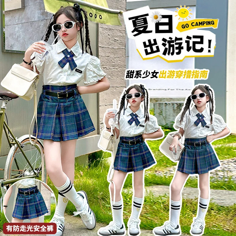 

Girls JK clothes set Summer cotton whire puff sleeve shirt+tie+Plaid skirt+belt 4pcs junior kid suit child outfits 4-14Year Teen