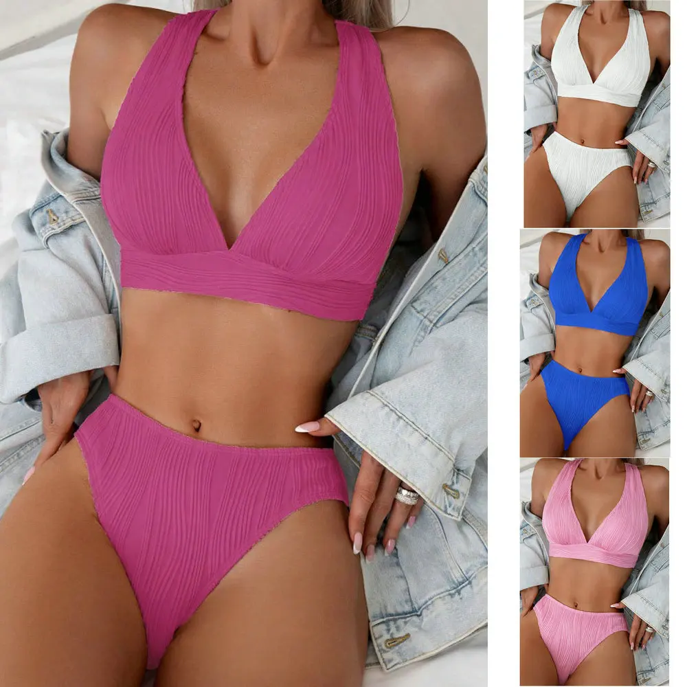 

Однотонный комплект бикини, женский сексуальный купальник с глубоким v-образным вырезом, двухсекционный женский купальник на шнуровке с открытой спиной, новая модная пляжная одежда