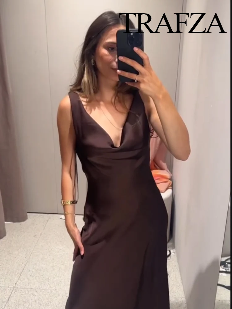 

TRAFZA Women Summer Vacation Solid V-neck Satin Texture Sexy Backless Strap Midi Dress Female New Temperament Lace-up Long Dress