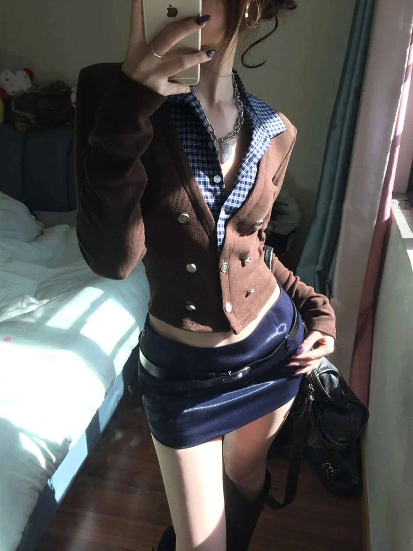 

Дизайнерский комплект: топ-обманка с эффектом двухслойности и вязаная юбка миди в стиле пэчворк для женщин, осенний, в стиле Spicy Girl