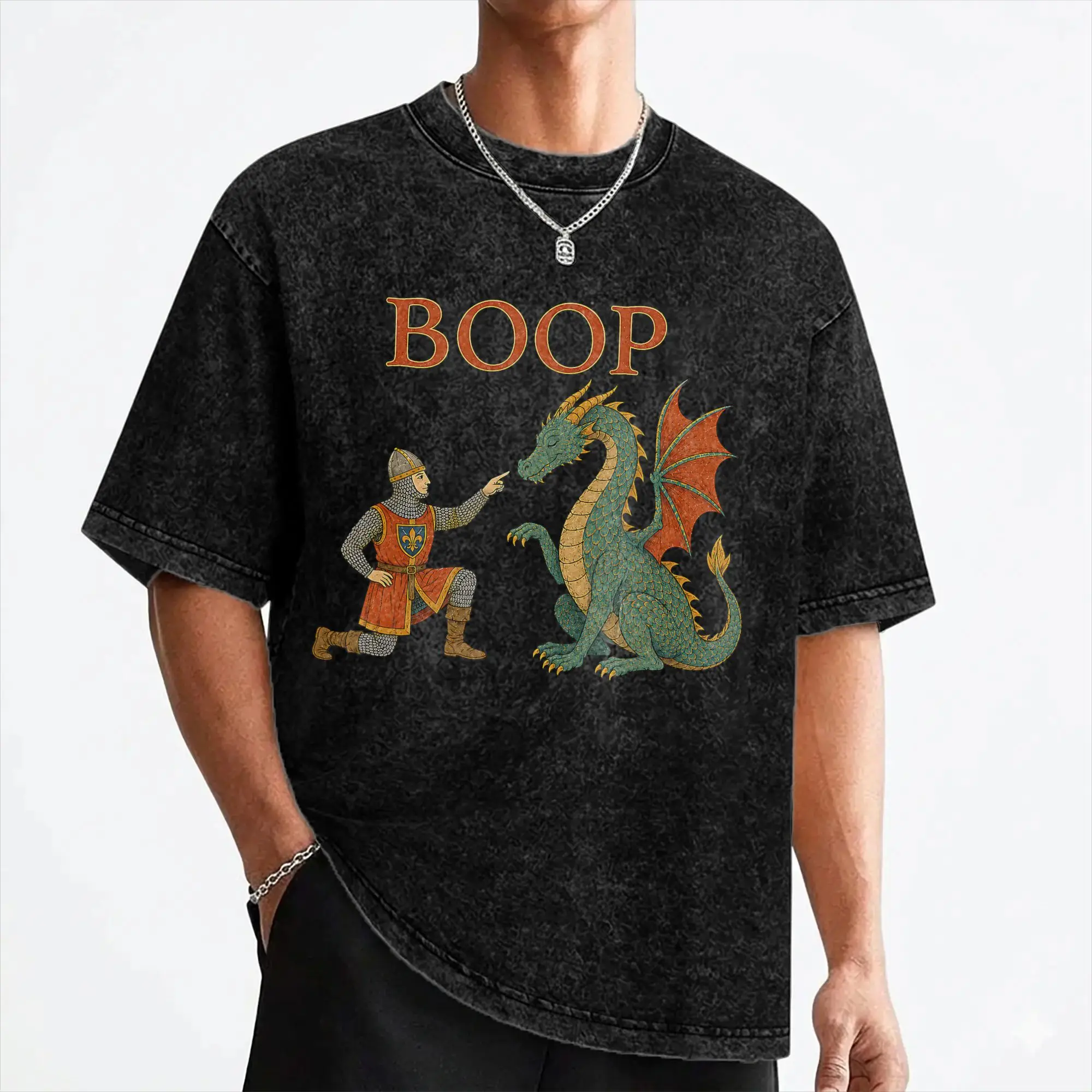 Le Boop Medieval Knight Dragon T Shirt Washed 100% Cotton Harajuku T-Shirt  Retro Men Women Streetwear Graphic Printed Tee Shirt