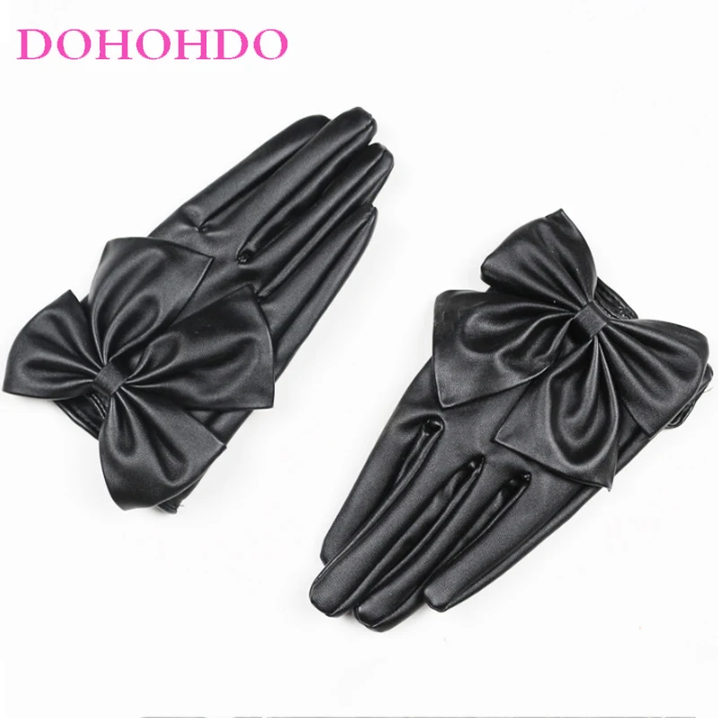 برشام قفازات جلدية سوداء القوس الكبير تصميم السيدات دراجة نارية قفازات موضة بولي PU فو الجلود في الهواء الطلق قفازات كاملة الأصابع دائم