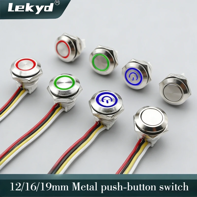 

Lekyd Metal button switch 12mm short 6/12/24/220V self-locking reset with light waterproof with wire 15cm car on/off
