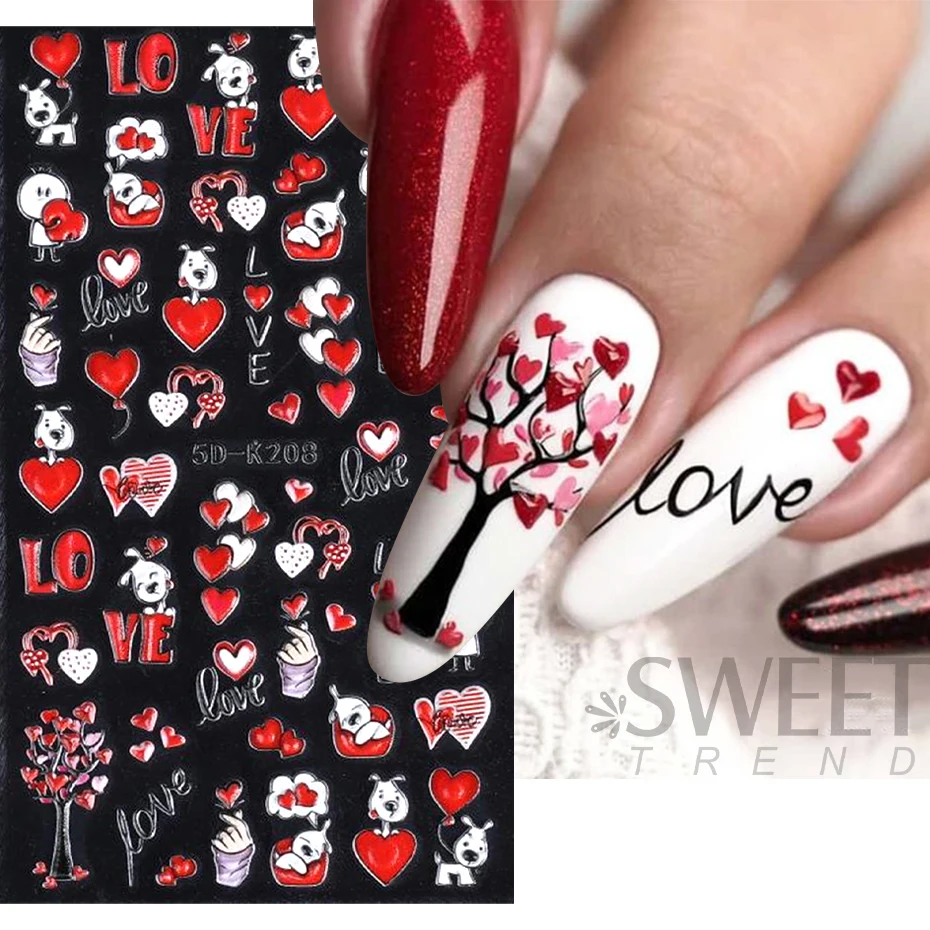 5D Embossed Nail Art Stickers Red Love Heart Adhesive Sliders Cute Cartoon Dog Letter Decals Valentine's Day Manicure Decoration