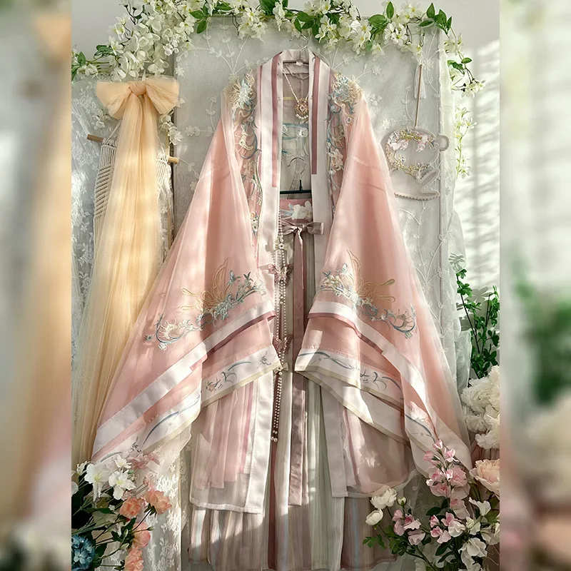 Pink blue Hanfu Chinese traditional style women's clothing with Embroidery and Gradient Colors summer tang dynasty dress