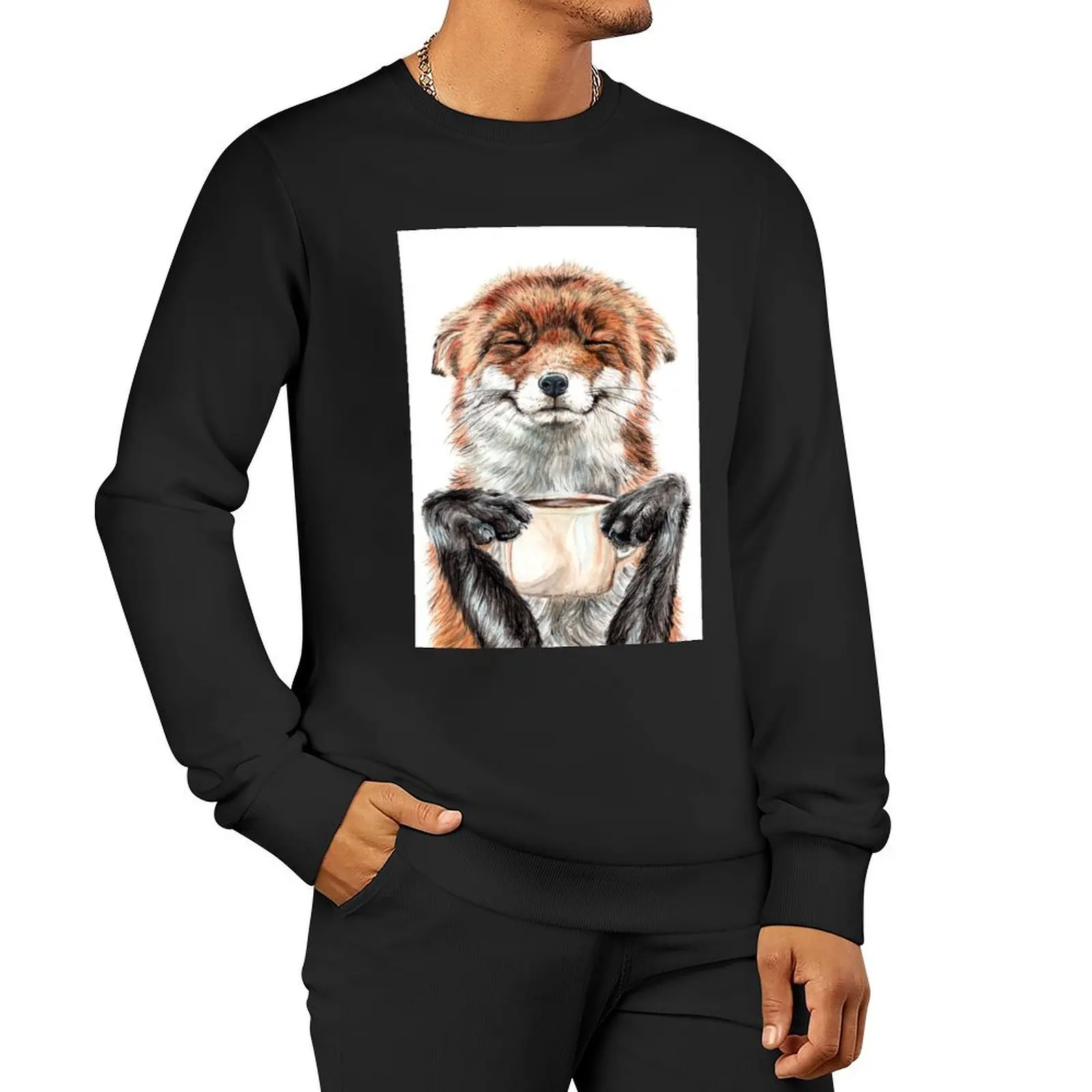 Morning Fox - cute coffee animal Pullover Hoodie men's sweat-shirt set men clothes autumn jacket men men wear men's sweatshirts