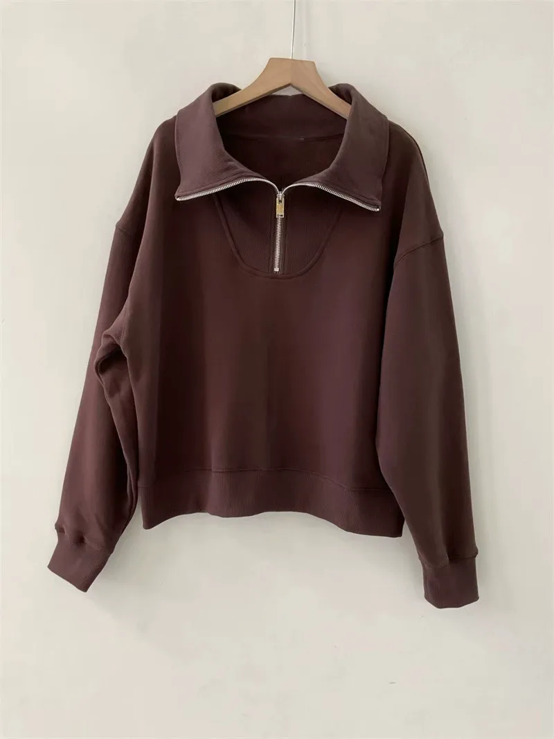Clearance Women Back Rhinestone Letter Graphic Lapel Long Sleeve Brown Half Zip Sweatshirt