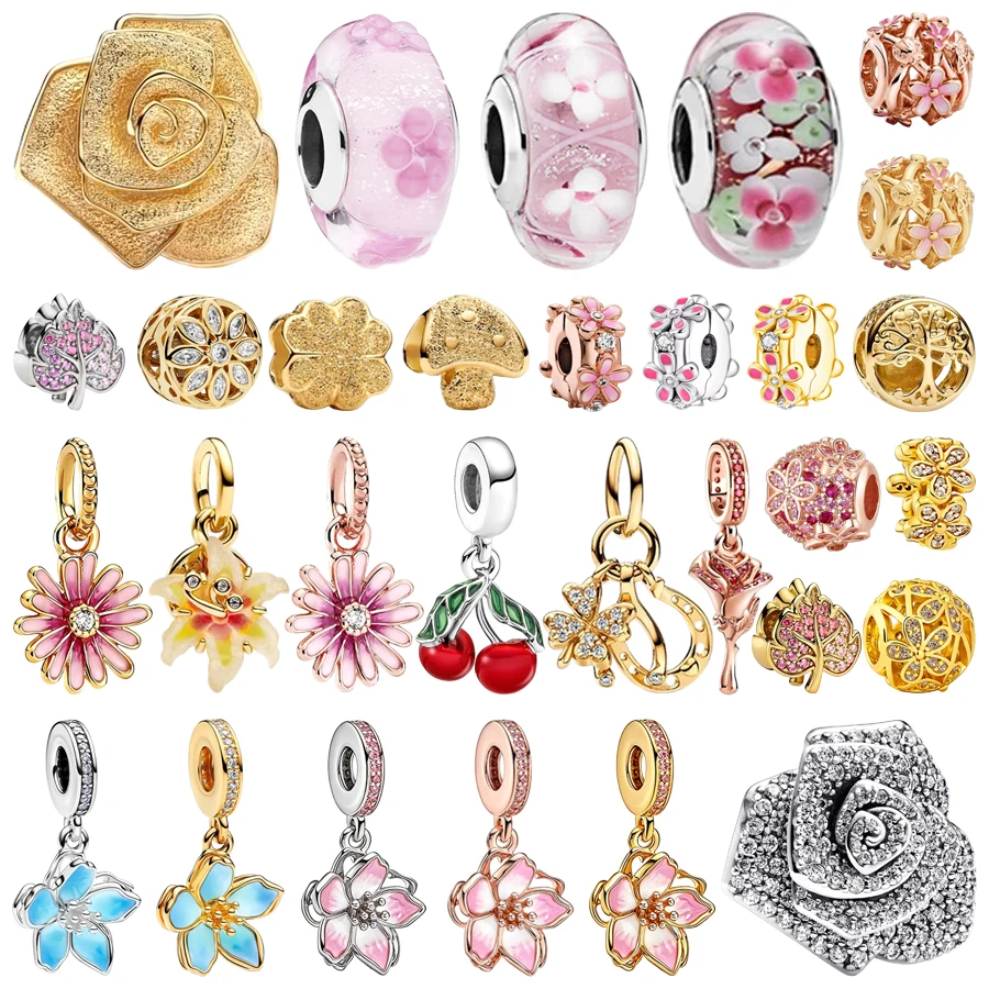 Bijoux à bricoler soi-même, breloques à fleurs originales, fleur de cerisier, marguerite, Clip d'espacement, trèfle porte-bonheur, Rose en fleurs, perles adaptées aux Bracelets à chaîne serpent