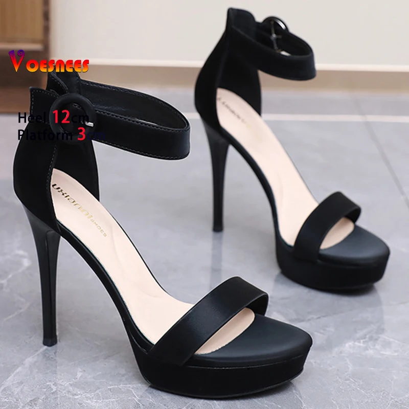 

2025 пикантные черные женские туфли на высоком каблуке 12 см на платформе 3 см, женские туфли-лодочки на тонком каблуке с круглым носком, сандалии с ремешком на щиколотке, повседневная обувь
