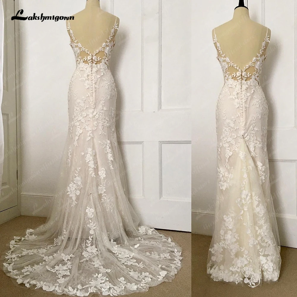 Lakshmigown Boho Spitzen-Meerjungfrauen-Brautkleider Hochzeitskleider aus Krepp-Satin Sexy Strand-Brautkleider mit Spitzenapplikationen – Detail 6