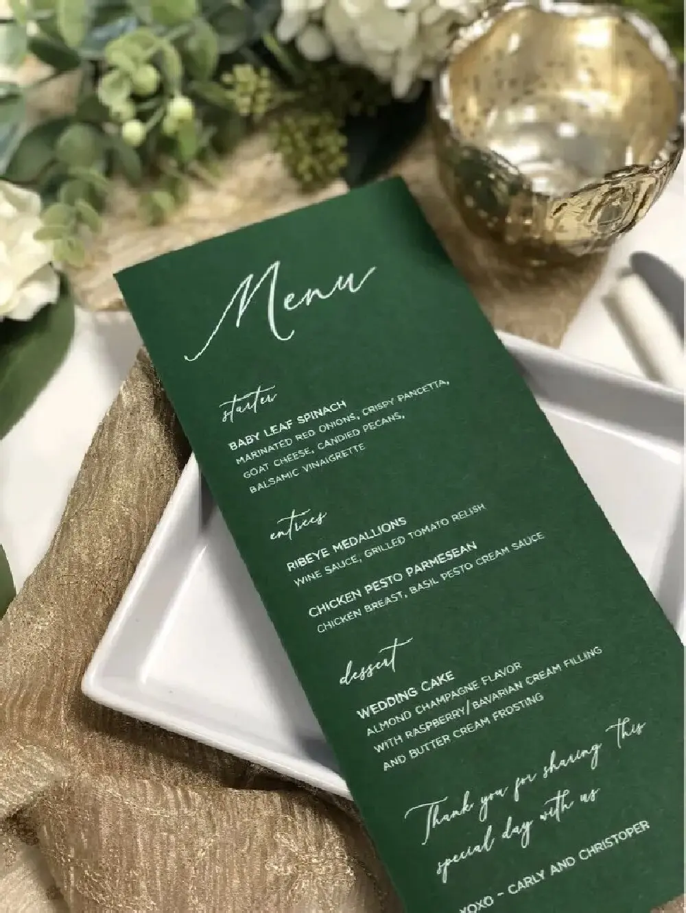 10 SZTUK Ciemnozielonych Papierowych Kartek Menu na Stół, Kartki z Jedzeniem, Personalizowane Białe Drukowanie na Wesele i Imprezy, Kartki z Planem Stołów