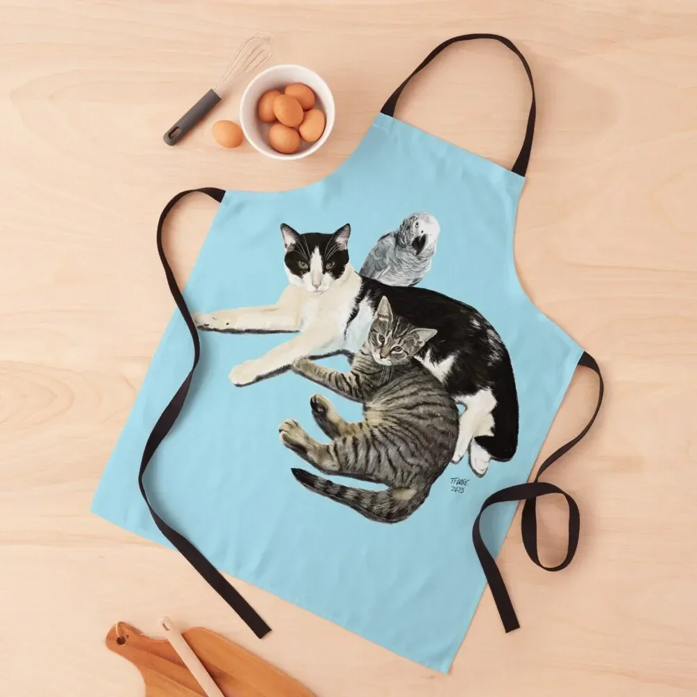 

Two Cats and a Parrot on Blue Apron kitchen and home Beauty barber men cooks clothes Apron