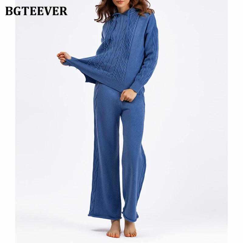

BGTEEVER Autumn Winter Knitted Outfits Women Hoodies Pullovers Ladies Wide Leg Pants Thick Warm Winter Trousers Set Women