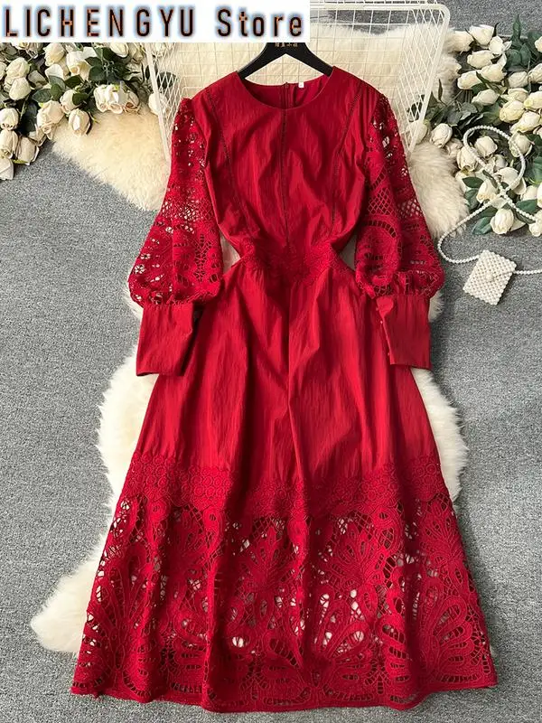 

New Puff Long Sleeve Hook Flower Hollow Out High Waist A-line Vestidos Sweet Style Women's Dress Winter Spring