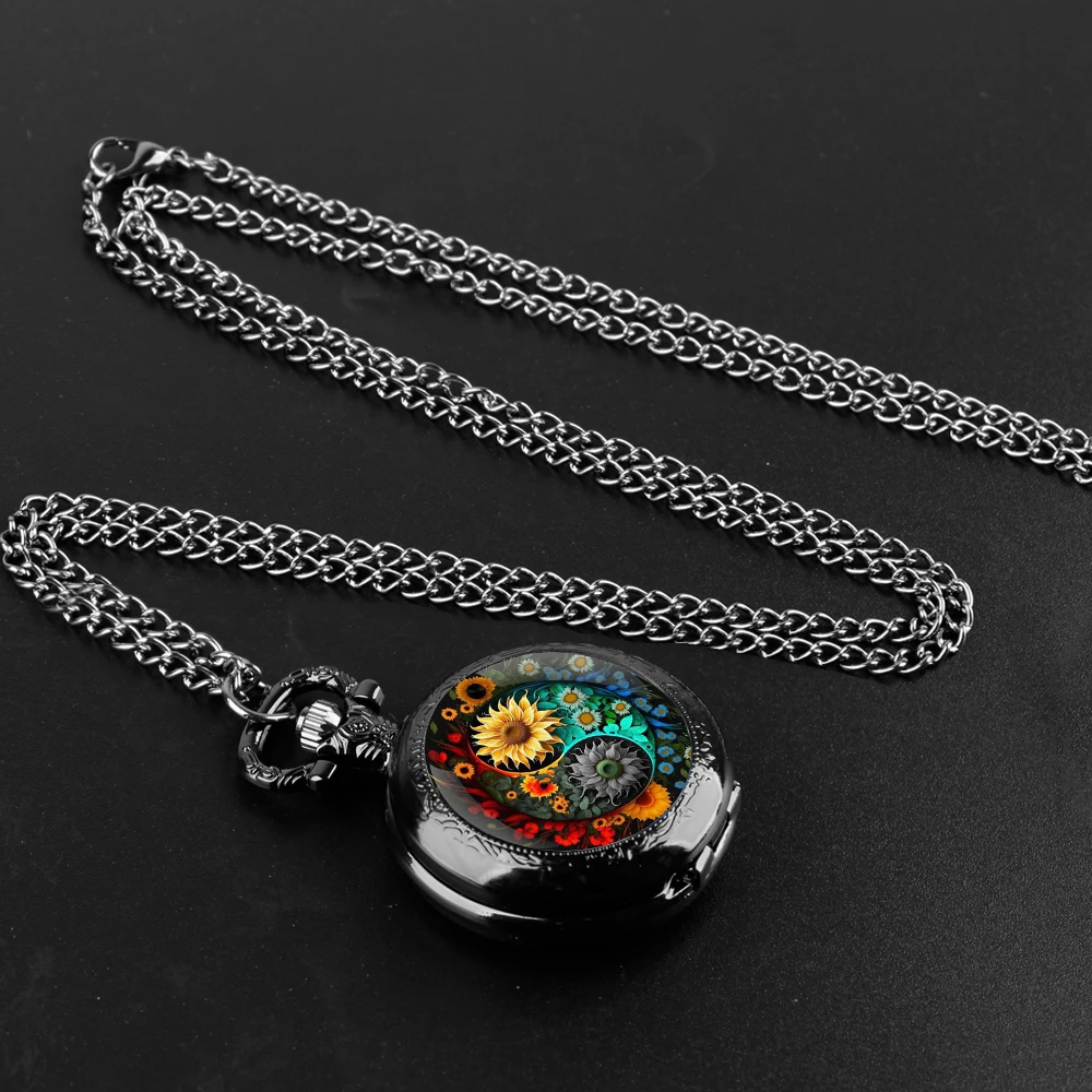 Reloj de bolsillo de cuarzo negro con diseño de girasol yin-yang, conjunto de regalo con cadena duradera y cara de números árabes, regalo atemporal para niño