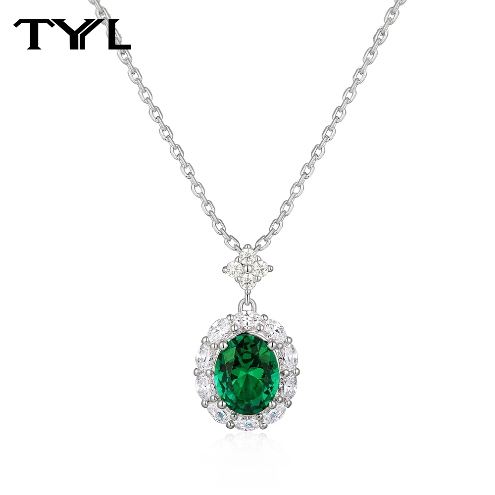 TYYL Oval Simulated Emerald & Zircon Pendant Necklace for Women Classic Halo Design Necklaces Wedding Anniversary Fine Jewelry