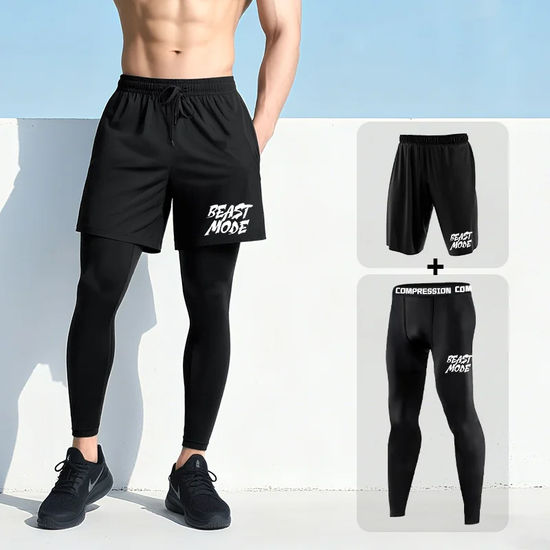 

Men's 2-in-1 Shorts with Compression Tights Quick-Dry Stretch Running & Gym Pants for Training Basketball Athletic Activities