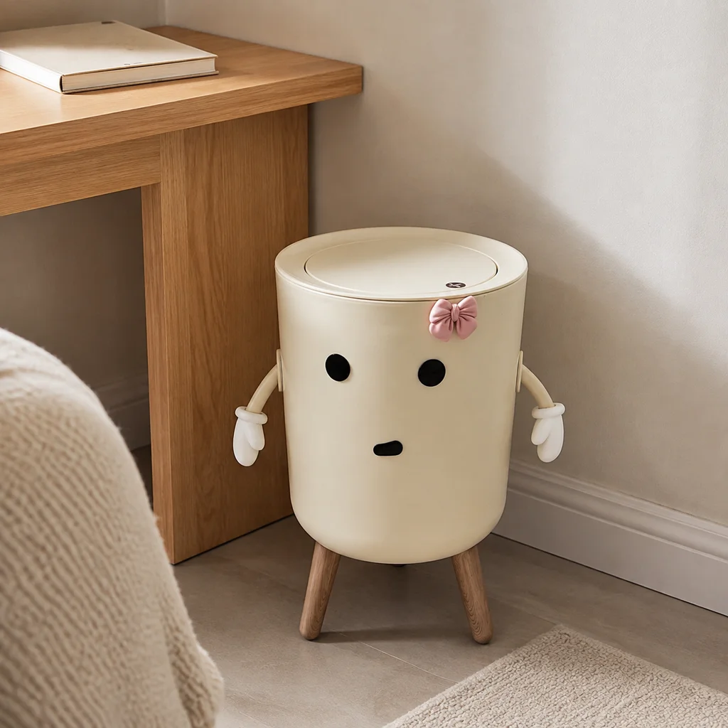 Cute Cartoon Character Press‑Lid Trash Can, Kawaii Garbage Bin with Movable Arms, Pink Bowknot & Wooden Legs, Aesthetic Decorative Lidded Waste Bin for Bedroom Dorm Vanity