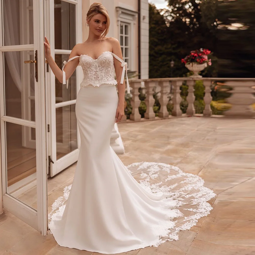 

Customized Appliques Tulle Wedding Dress Elegant Sweetheart Sleeveless Bridal Gowns Temperament Mermaid Jersey Vestido De Novia