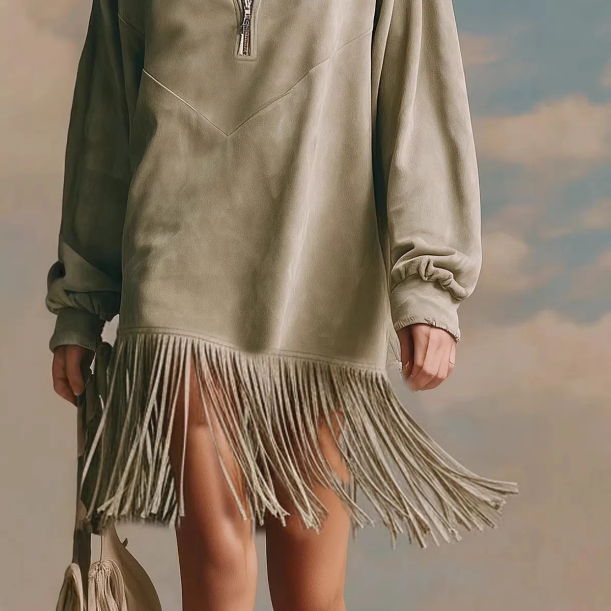 European And American Styles Suede Retro Tassel Patchwork Long Sleeved Dress Women Turn-down Collar Zipper Loose Dress 2026