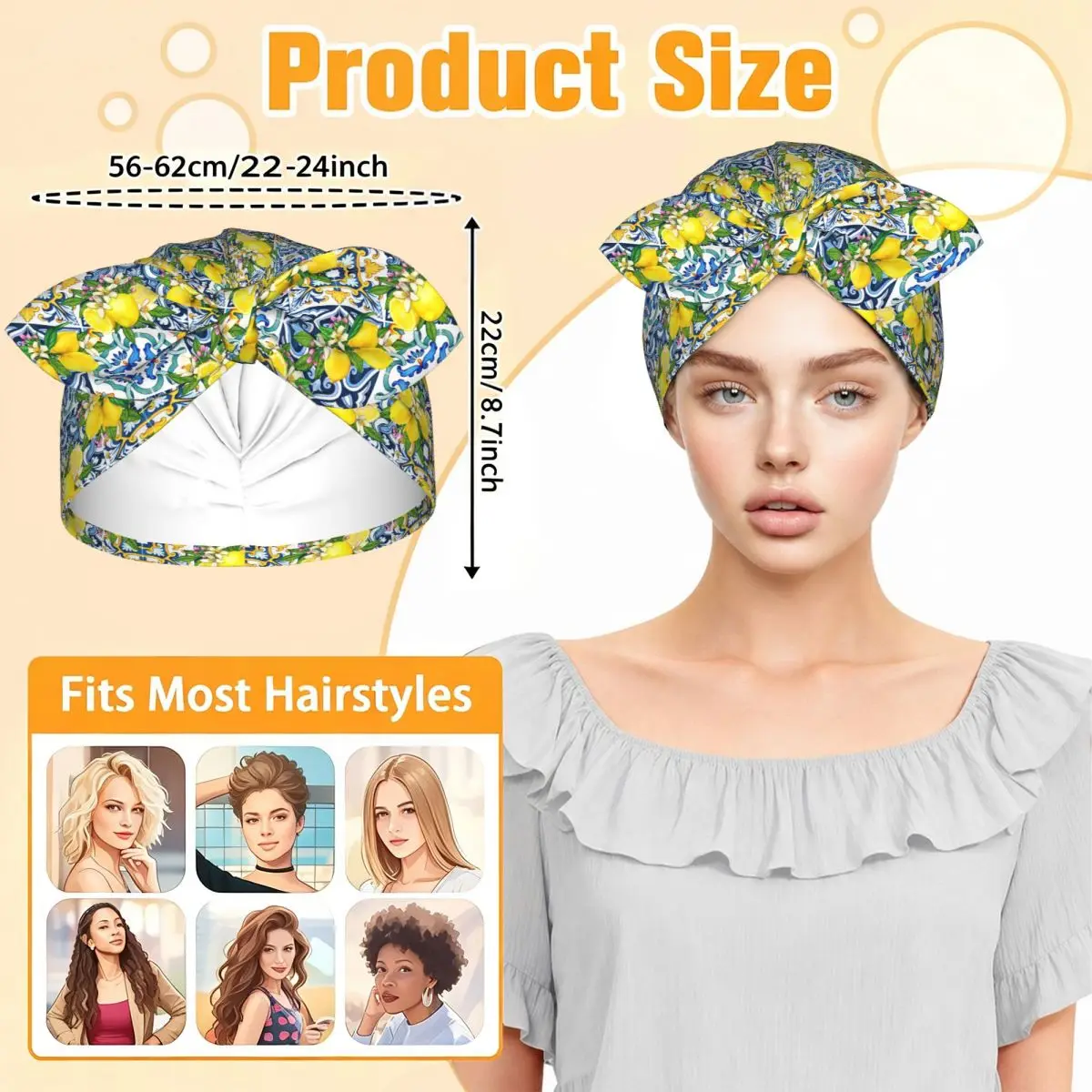 Bright Mediterranean Sicilian Tiles With Citrus Lemons Sleep Bonnet Double Layer Adjustable Bow Hair Cap for Curly Braids Hair
