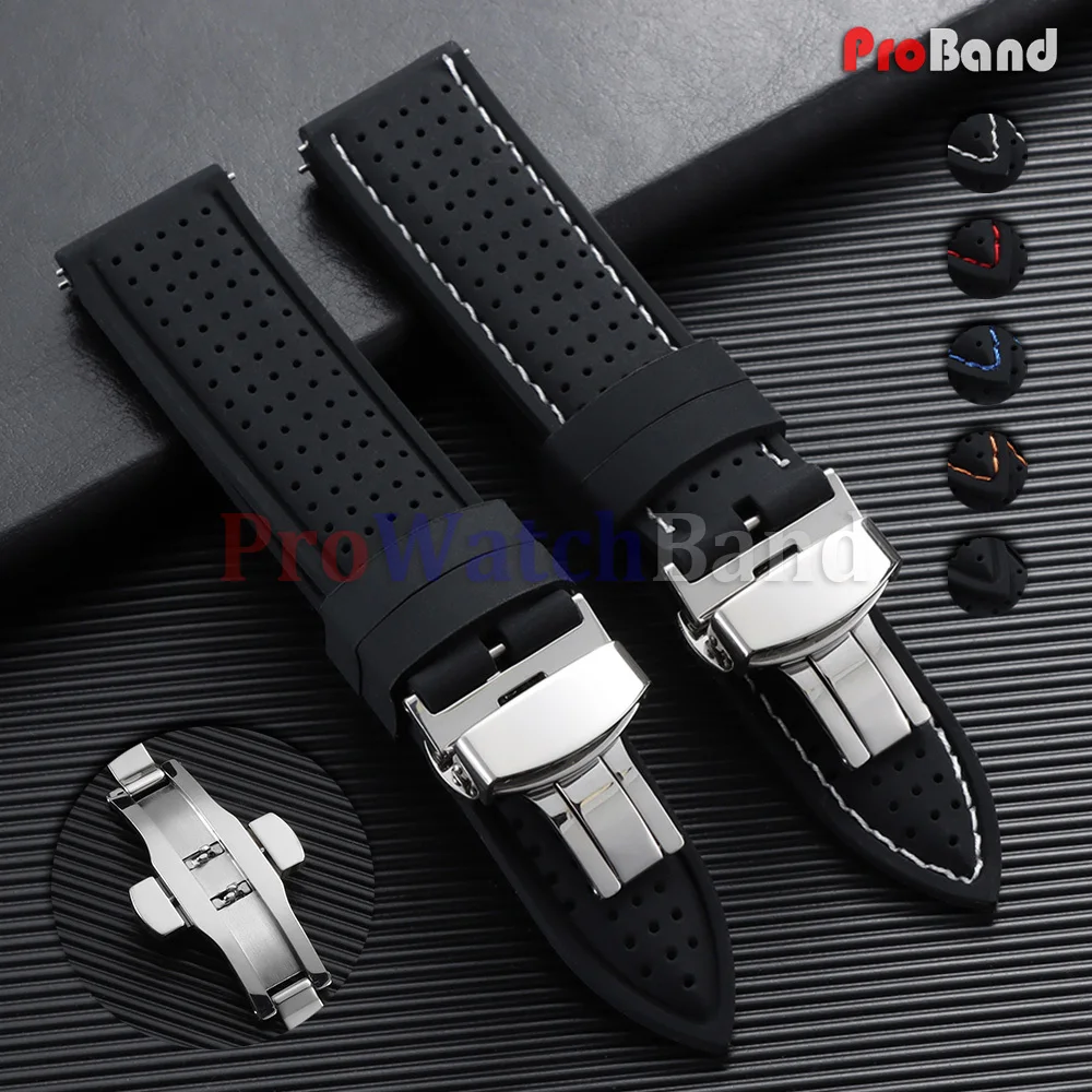 

Waterproof Soft Rubber Straps 20mm 22mm 24mm Black Silicone Watch Band Butterfly Buckle Breathable Bracelet Men Women Wristband