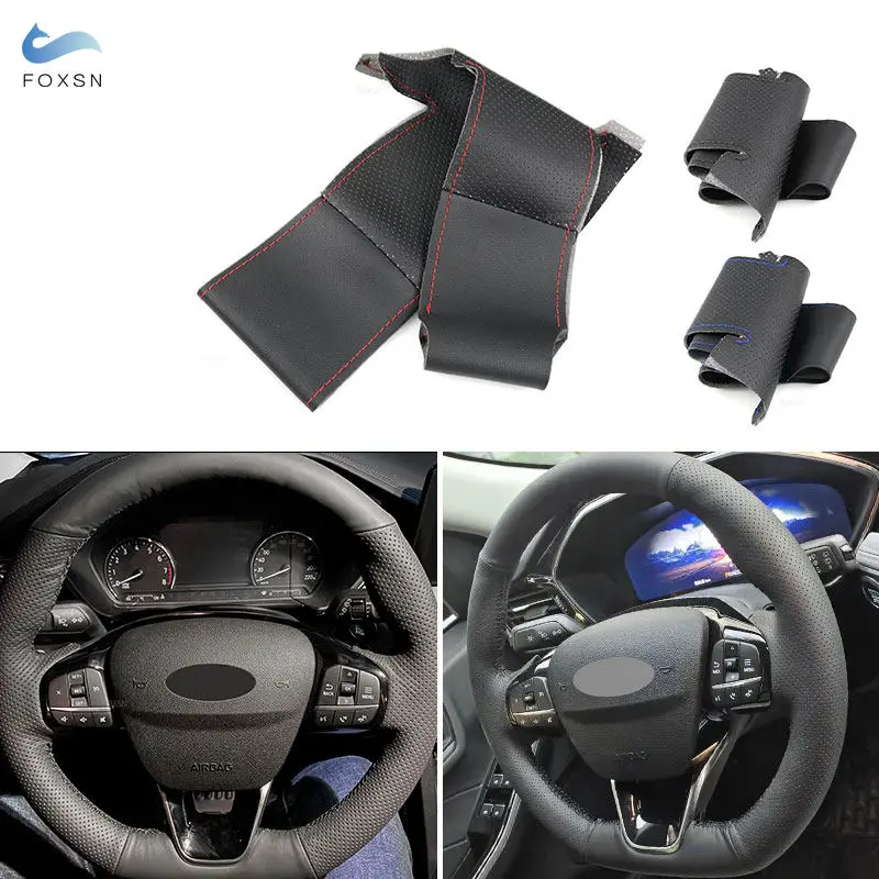 Protector de cuero perforado para volante de coche para Ford Focus Fiesta (ST | ST-Line) 2017-2020 Kuga Puma (ST-Line) 2019 2020 con tira