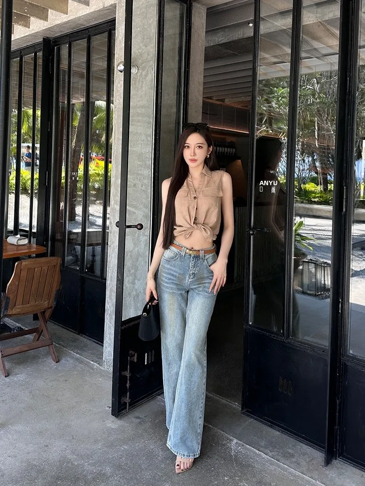 

Джинсы женские с высокой талией в американском стиле, винтажные, ретро, широкие, прямого кроя, универсальные, свободные, стройнящие брюки