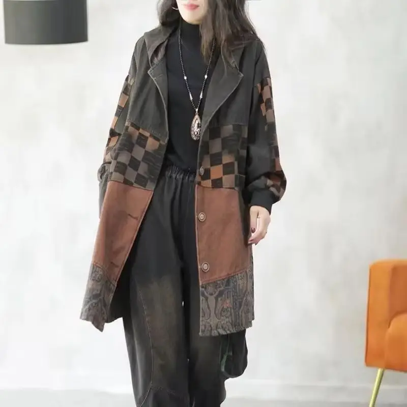 

Denim Trench Coat Women's 2025 Spring Autumn Hooded Retro Splicing Ethnic Style Mid Long Cowboy Jacket Female Casual Ladies Tops