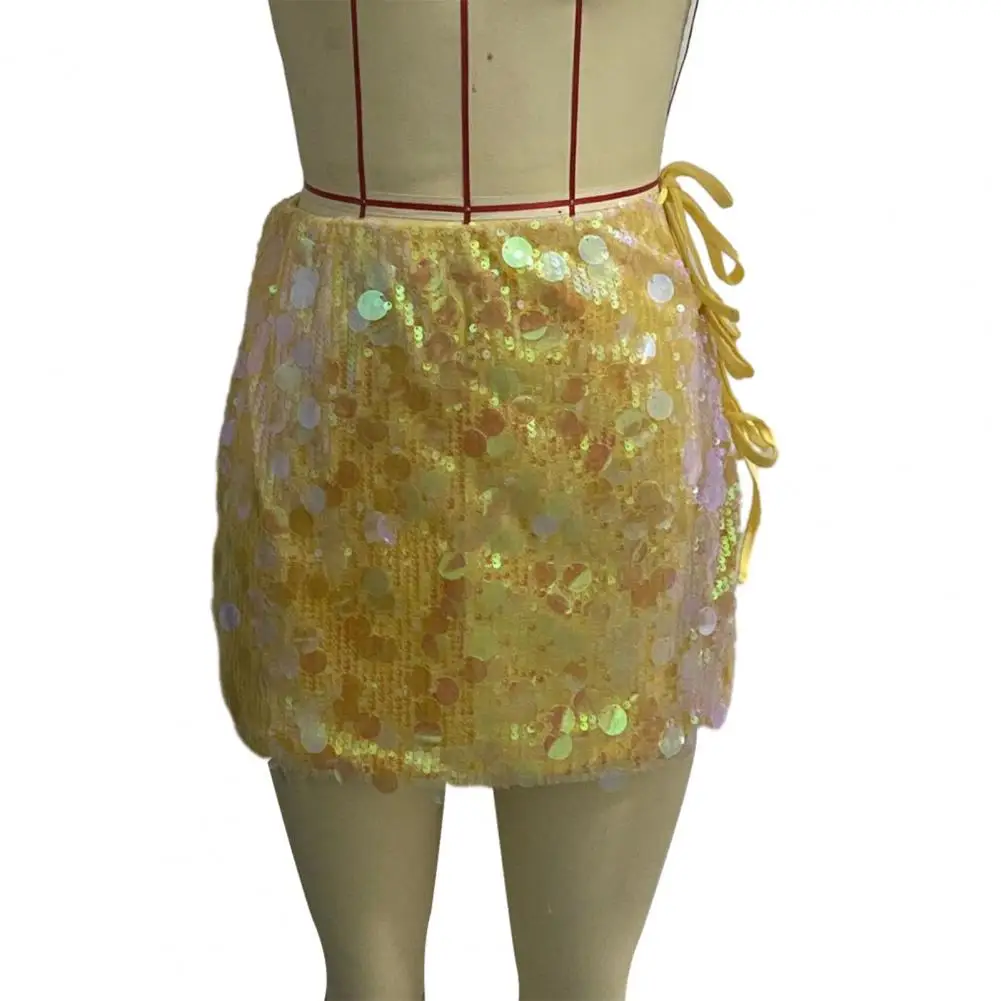 

Breathable Skirt Sparkling Sequin Mini Skirt with High Waist Lace-up Detail Sexy Party Skirt for Women Wrapped Design for A