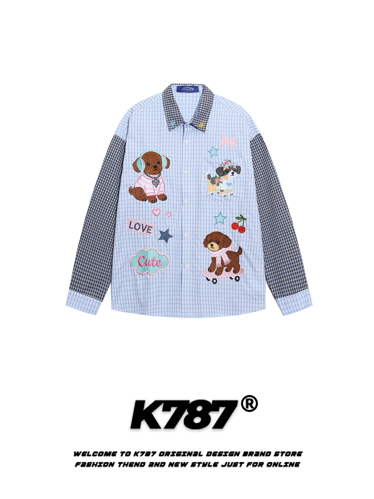 

K787 American Casual Cartoon Dog Embroidery Long Sleeve Shirt Loose College Style Anti-Aging Couple Polyester Cotton Lyocell ...