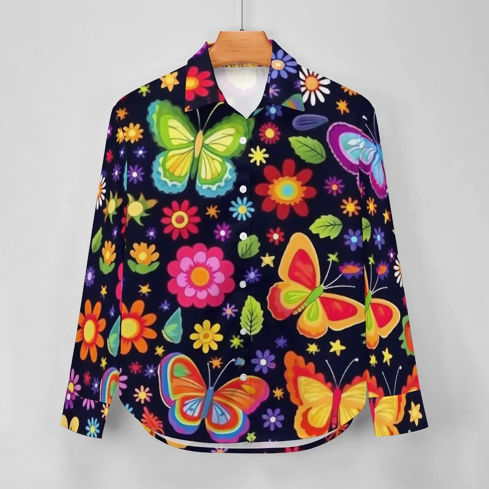 Colorful Butterflies Blouse Long-Sleeve Floral Print Pretty Blouses Women Street Style Oversized Shirt Design Top Gift Idea