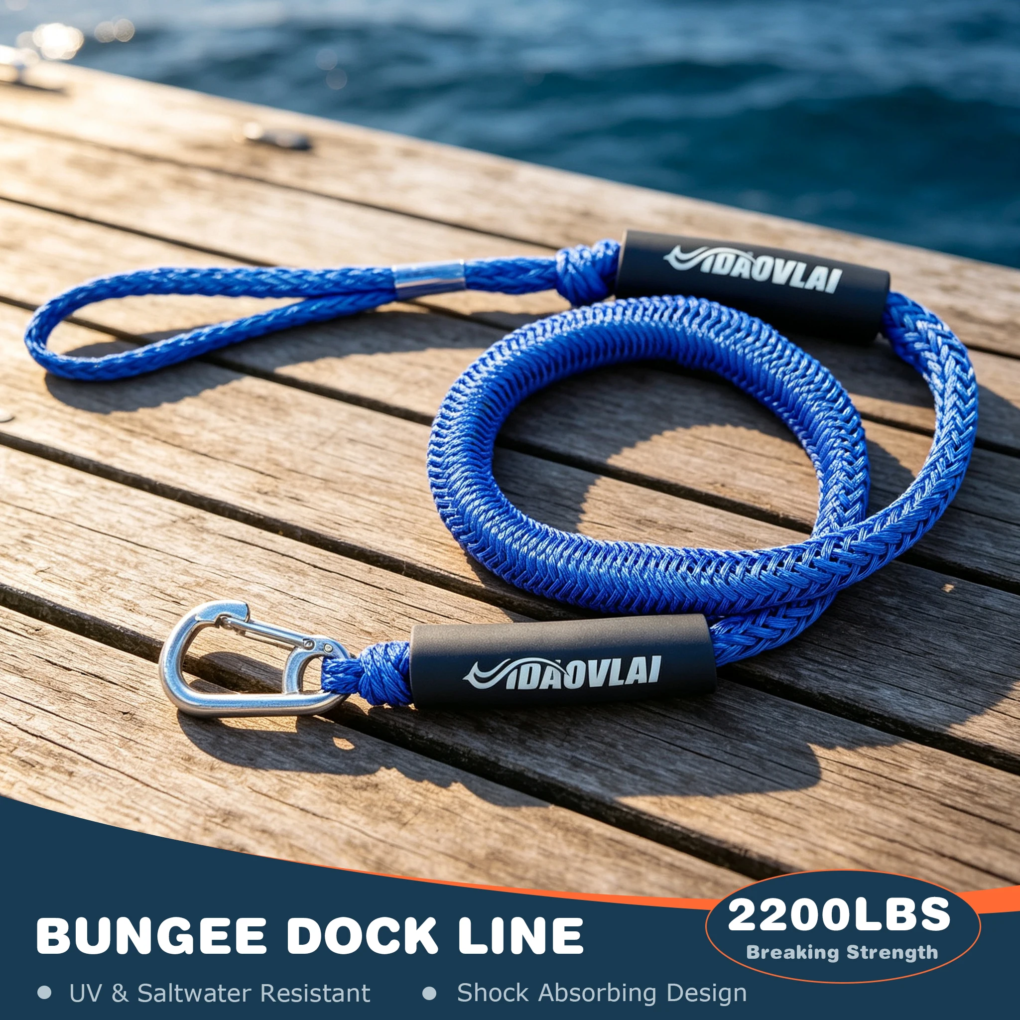 5Pack No Knot Quick Docking Bungee Line 4ft Blue, 1 Person Easy Boat Dock Rope with Stainless Steel Hook