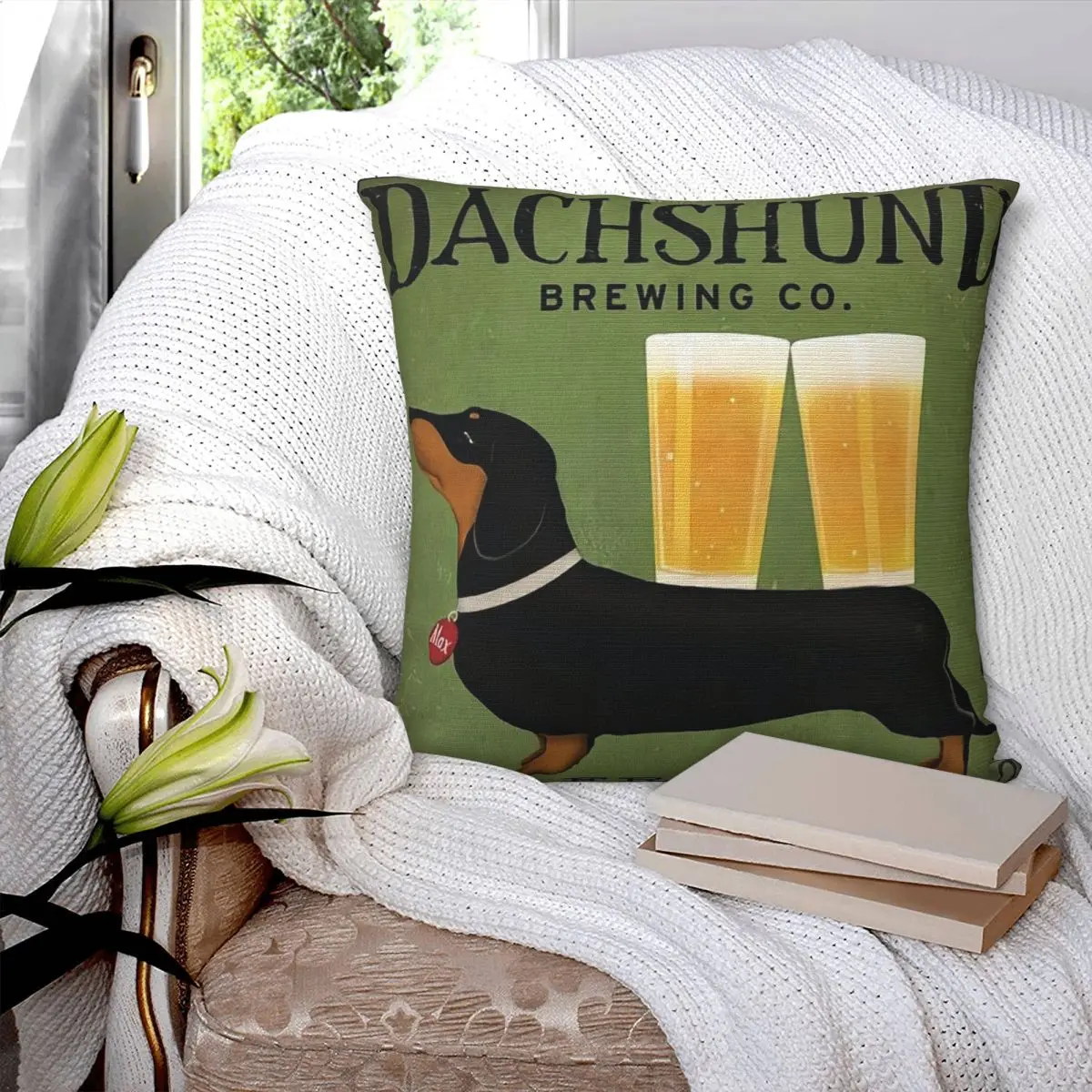 Dachshund Brewing Co Square Pillowcase Pillow Cover Polyester Cushion Zip Decorative Comfort Throw Pillow for Home Bedroom