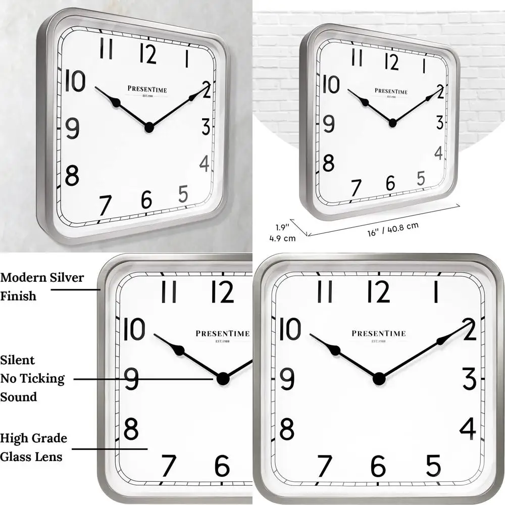 

16 Anton Vintage Square Wall Clock, Silent, 2-in-1 Wall & Mantel, Modern Silver, Desk Shelf Decor