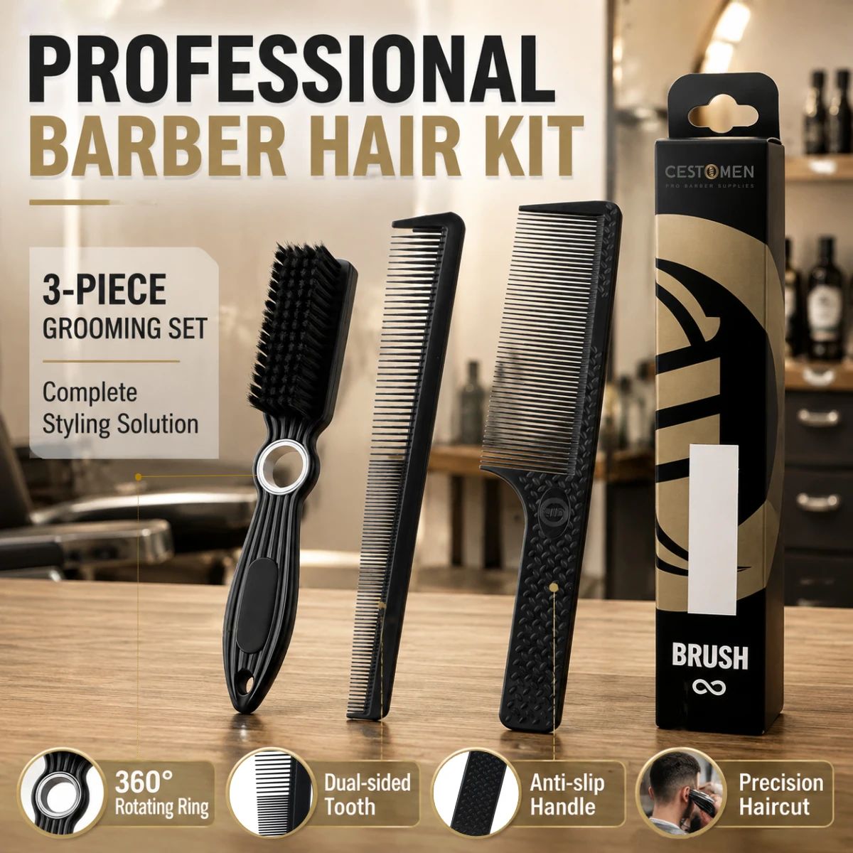 3pcs Pro Barber Haircut Combs Kit Spinning Neck Cleaning Brush Dual-Side Tooth Taper Combs Anti-slip Flat Top Comb Styling Tools