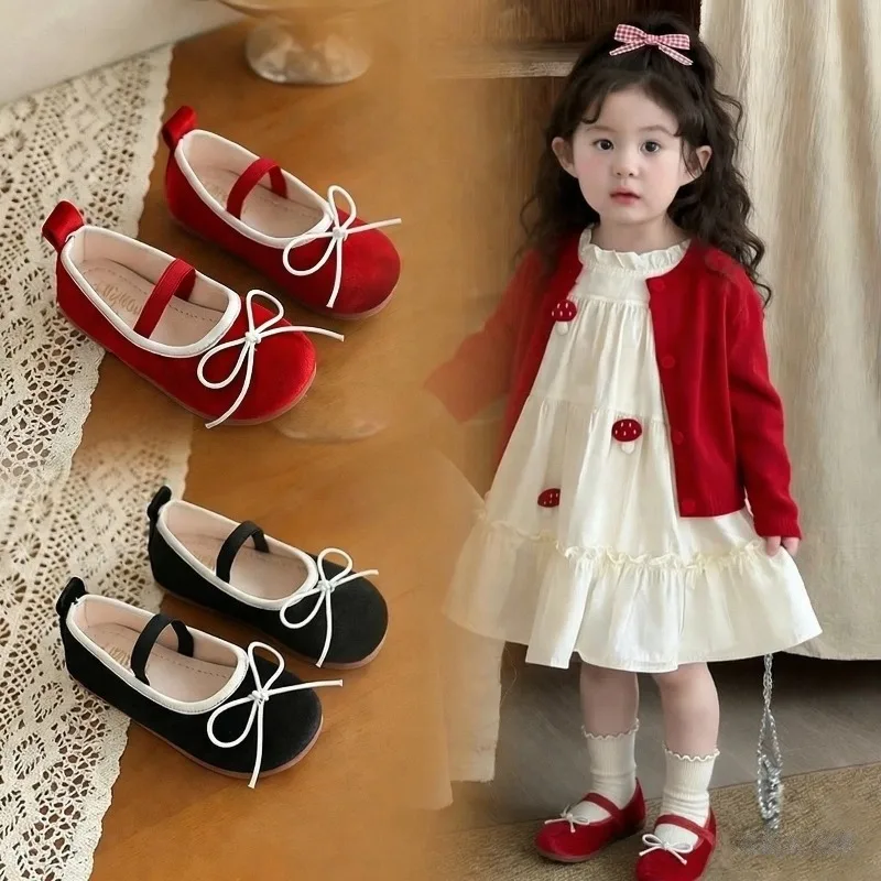 

Children's Ballet Suede Shoes 2026 New Sweet Bow Kids Leather Shoes Simple Daily Wear Girls Fashion Flat Shoes Non-slip Slip-on