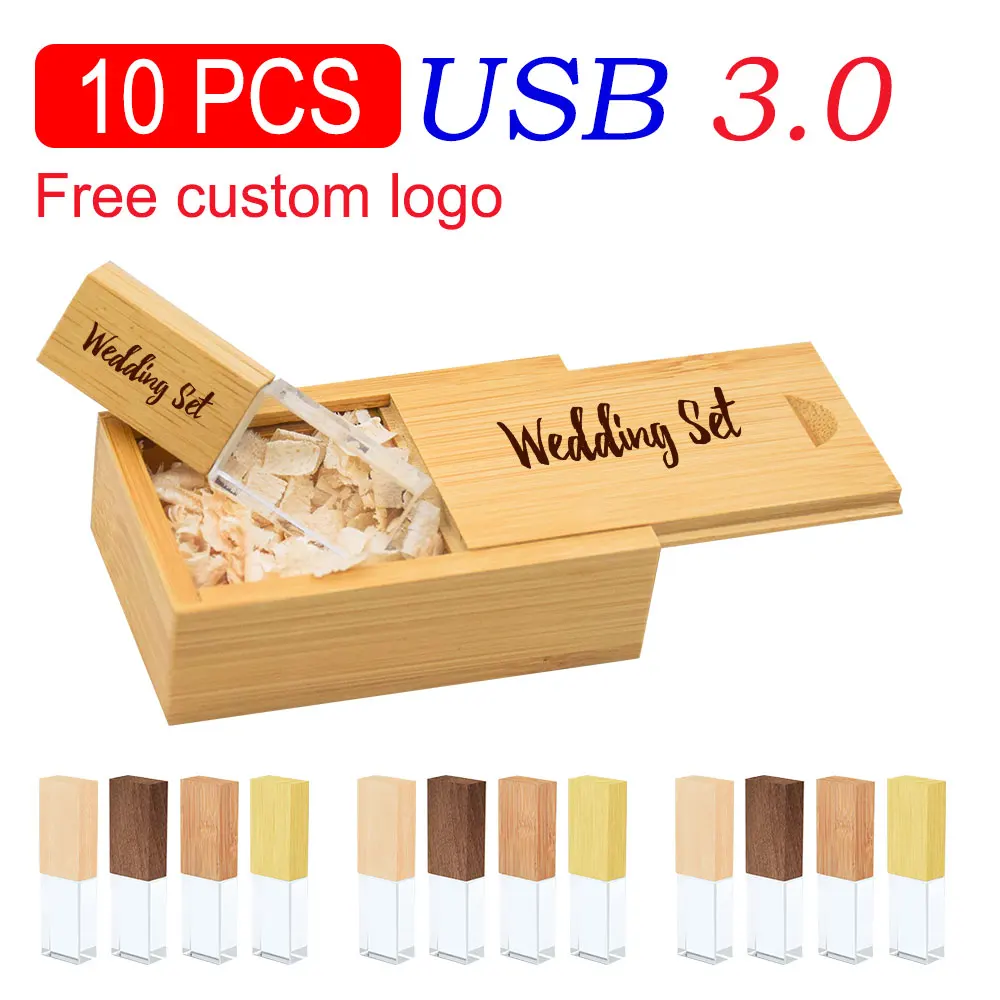 

10 шт./лот USB 3,0 флэш-накопитель 128 ГБ с кристаллами, деревянная коробка, память, бесплатный индивидуальный логотип, ручка-накопитель, свадебный подарок, высокоскоростной флэш-накопитель