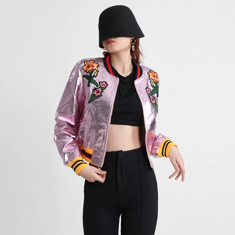 

New American Style Retro Jacket Stitching Flower Design Sense Short Baseball Suit Jacket Fashionable Jacket Pink Top