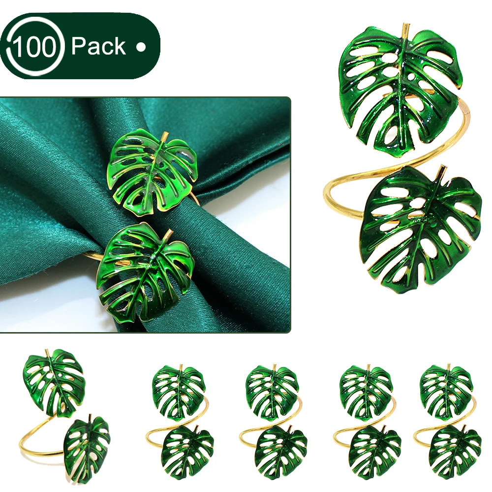 100Pcs Green Leaf Napkin Rings Tropical Palm Leaf Napkin Holder Metal Serviette Buckles for Wedding Beach Party Table Decor